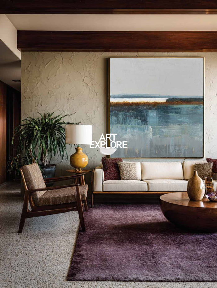 Minimalist Square Abstract Art In Blue Gray And Brown For Modern Interior Design