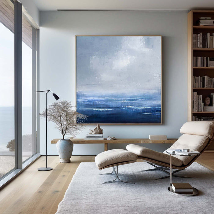 Blue Abstract Ocean Painting On Canvas Framed Modern Ocean Canvas Art Large Canvas Wall Art