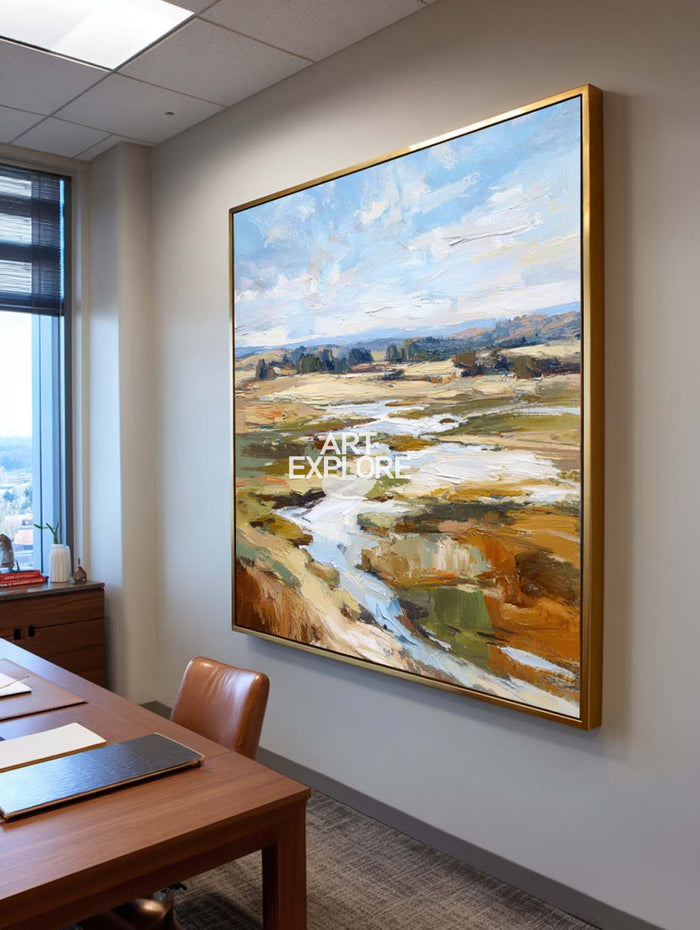 Original Blue Plains Landscape Art Large Square Textured Handmade Oil | ArtExplore