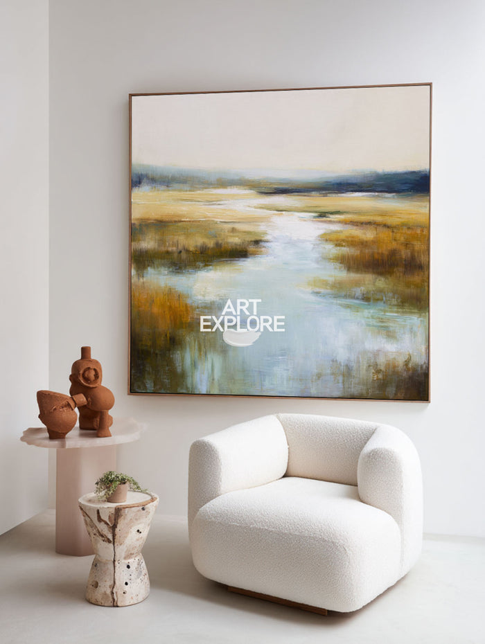 Original Blue River Landscape Art Large Square Textured Handmade Oil | ArtExplore