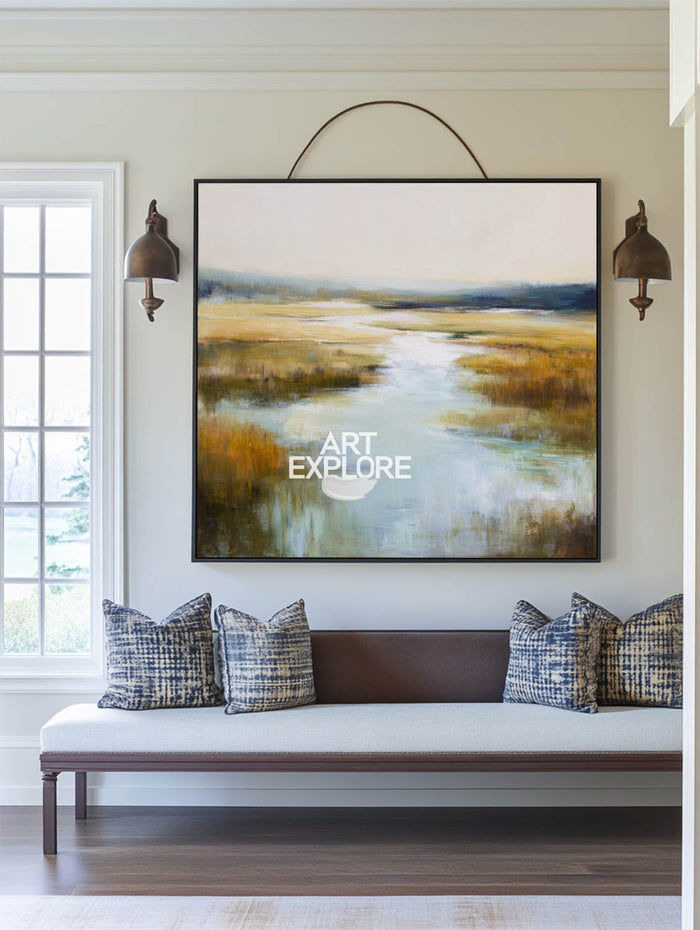 Aesthetic Blue River Landscape Art Large Square Textured Canvas Oil | ArtExplore