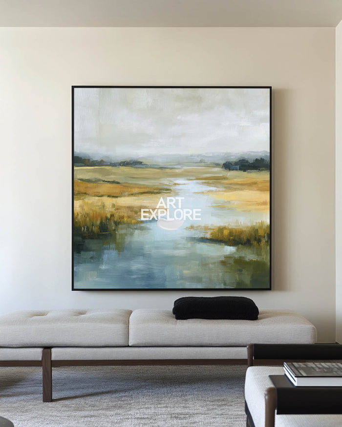 Aesthetic Blue River Landscape Wall Art Large Square Textured Handmade Oil | ArtExplore