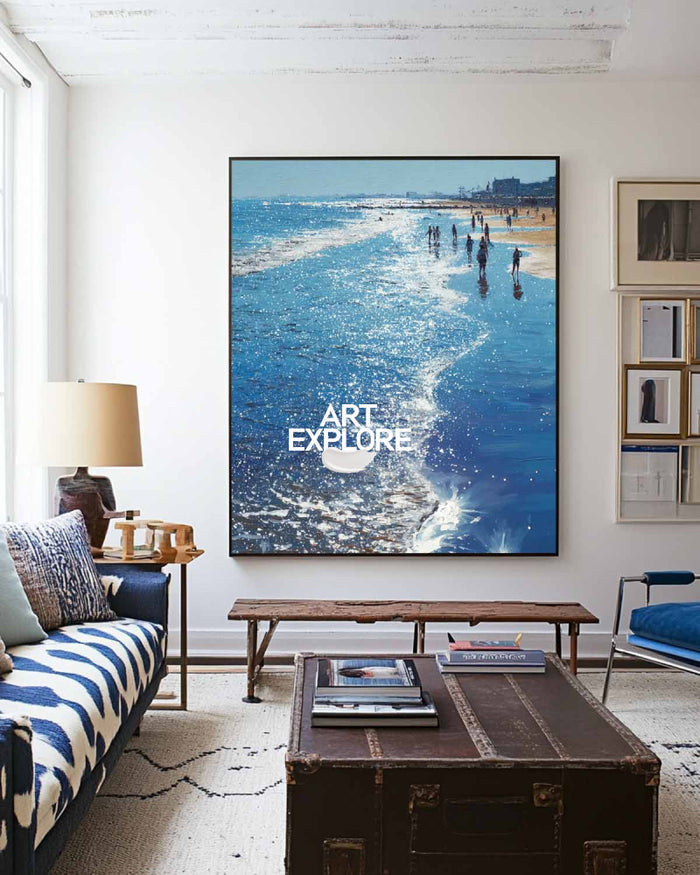 Hand-Painted Modern Sea Painting Large Sun Dazzle Canvas
