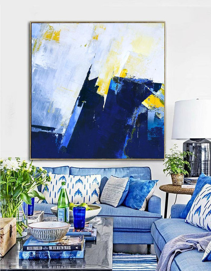 Original Blue And Yellow Abstract Art Extra Large Abstract Squares  Canvas Painting