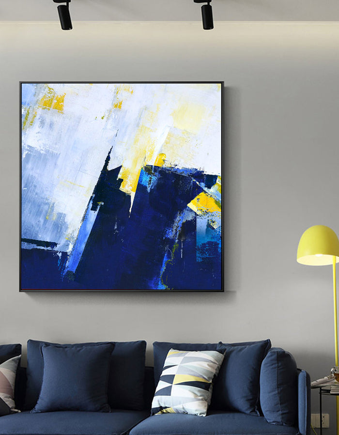 Original Blue And Yellow Abstract Art Extra Large Abstract Squares  Canvas Painting