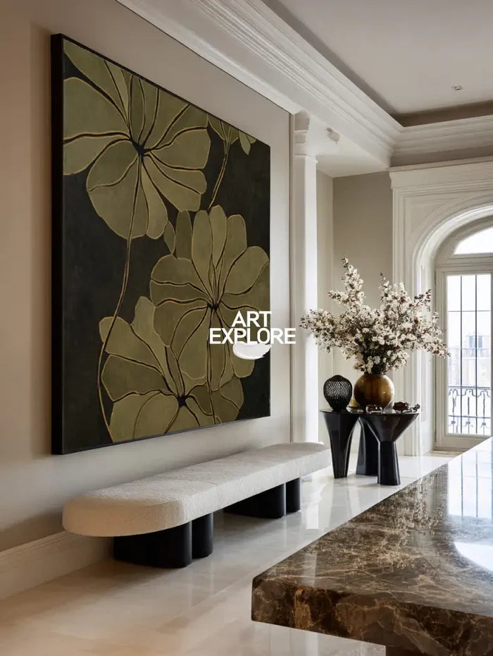 Large Floral Abstract Art, Dark Green Wabi-Sabi Painting for Bedrooms | ArtExplore