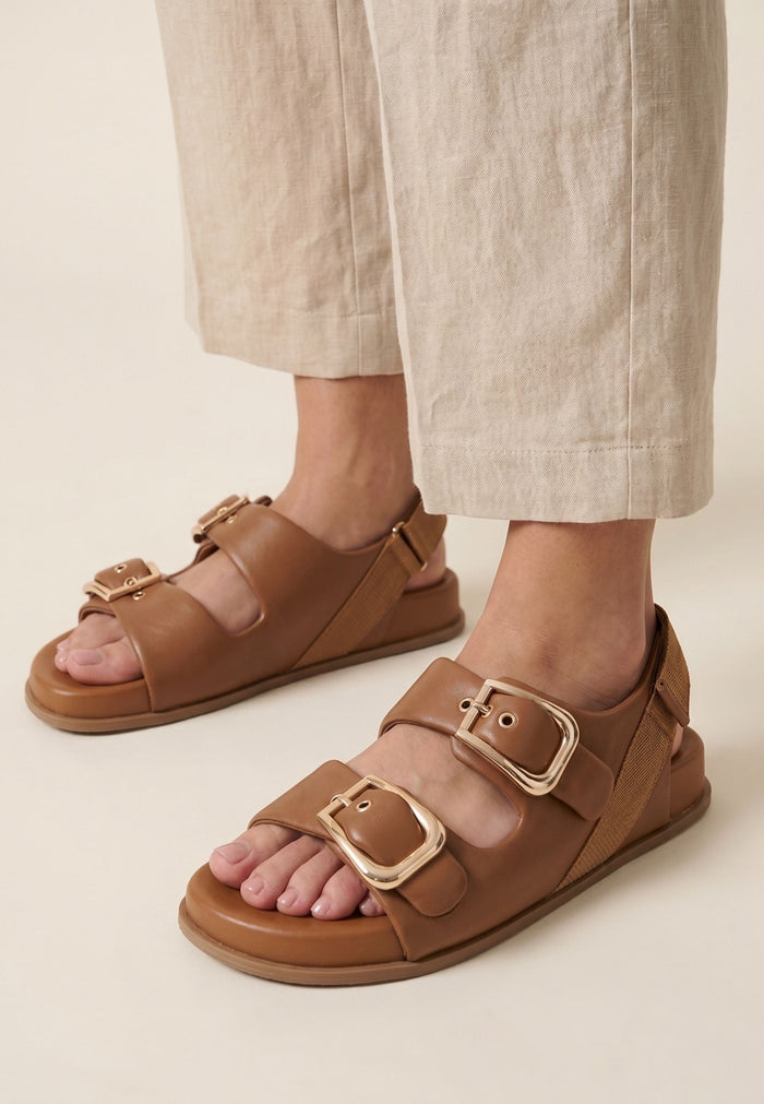 Bold Buckle Wedge Sandals - Beige