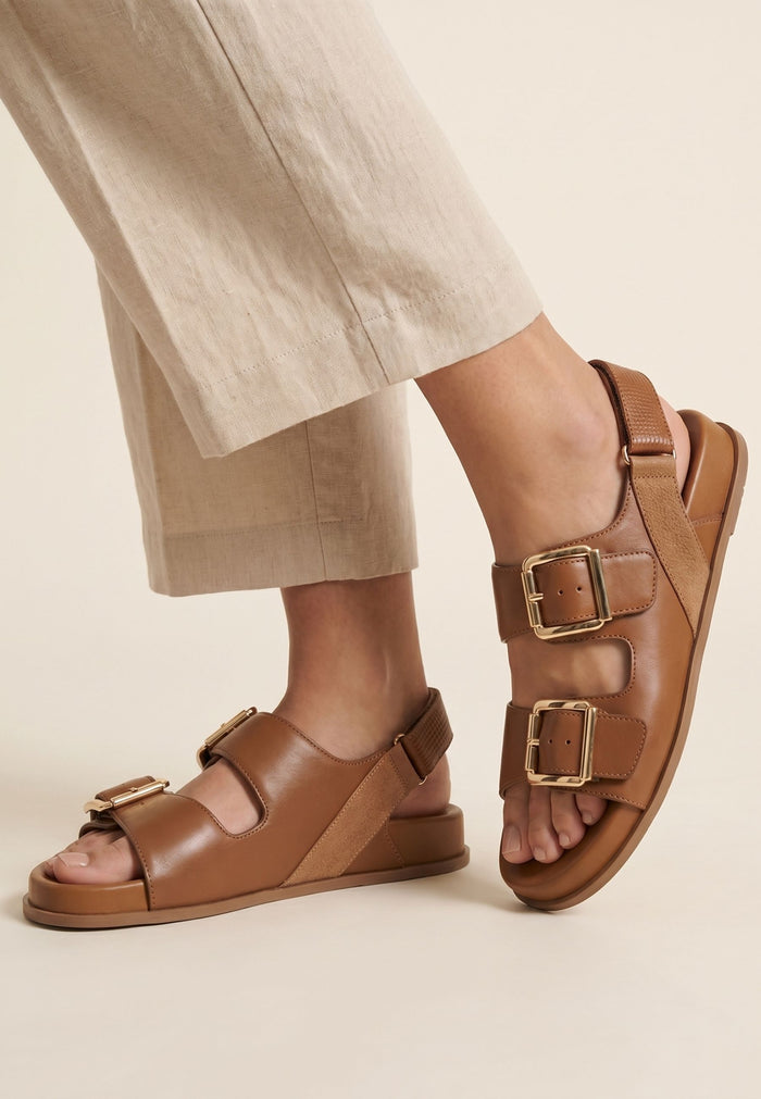 Bold Buckle Wedge Sandals - Beige