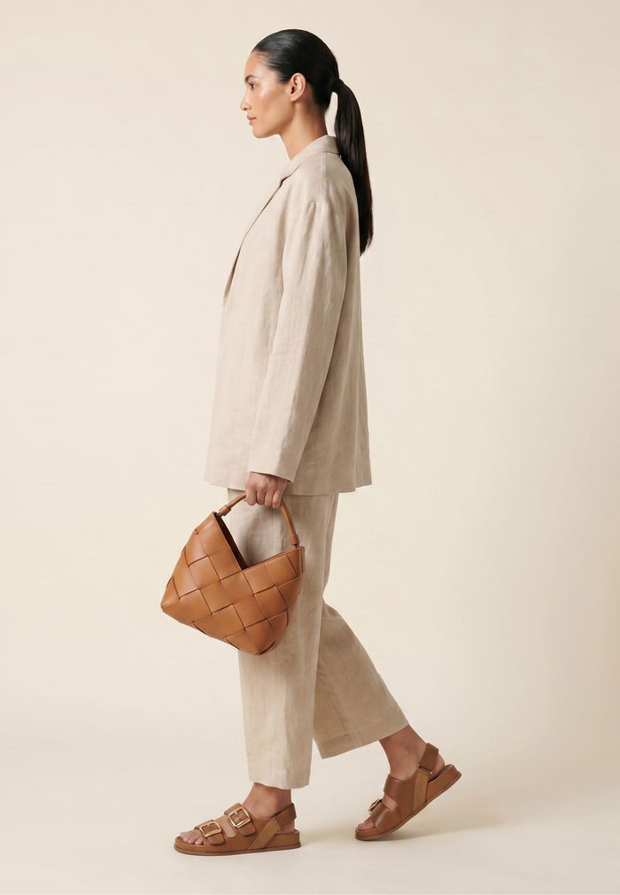 Bold Buckle Wedge Sandals - Beige
