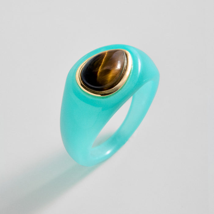 Bold Idea Chunky Statement Ring - Turquoise/Tiger's Eye