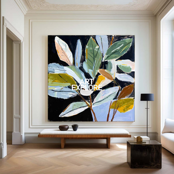 Hand-Painted Textured Nature Canvas Modern Black Background Art
