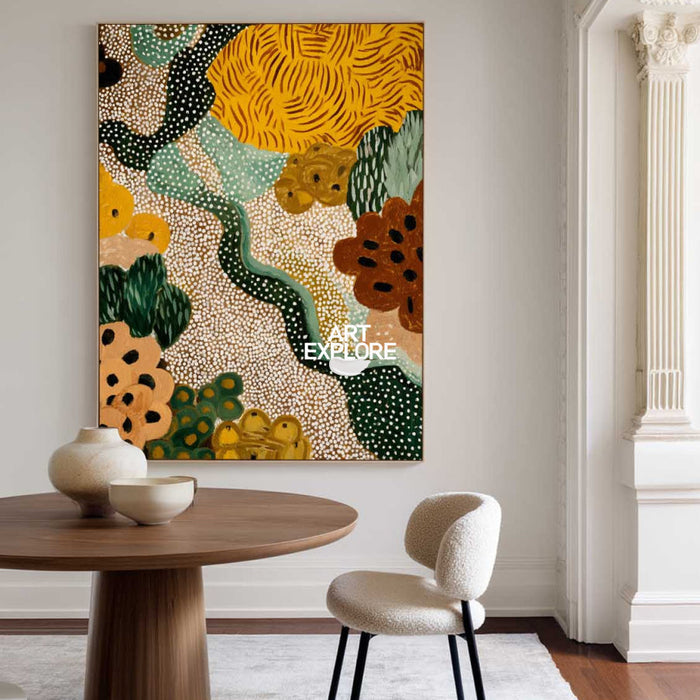 Hand Painted Folk Abstract Art With Green And Yellow Tones For Modern Living Room Decor