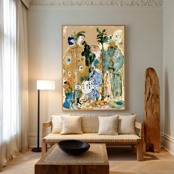 Abstract Botanical Canvas Painting In Earthy Brown And Green Tones