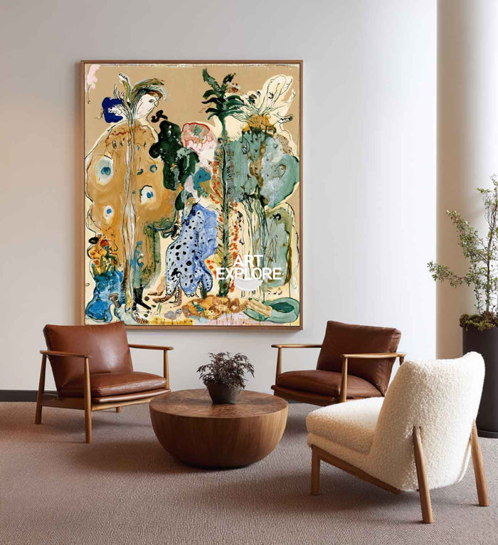 Abstract Botanical Canvas Painting In Earthy Brown And Green Tones