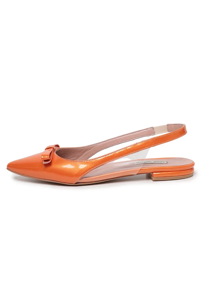 A stylish pair of women's orange slingback sandals with a delicate bow detail, perfect for adding a touch of elegance to any outfit.