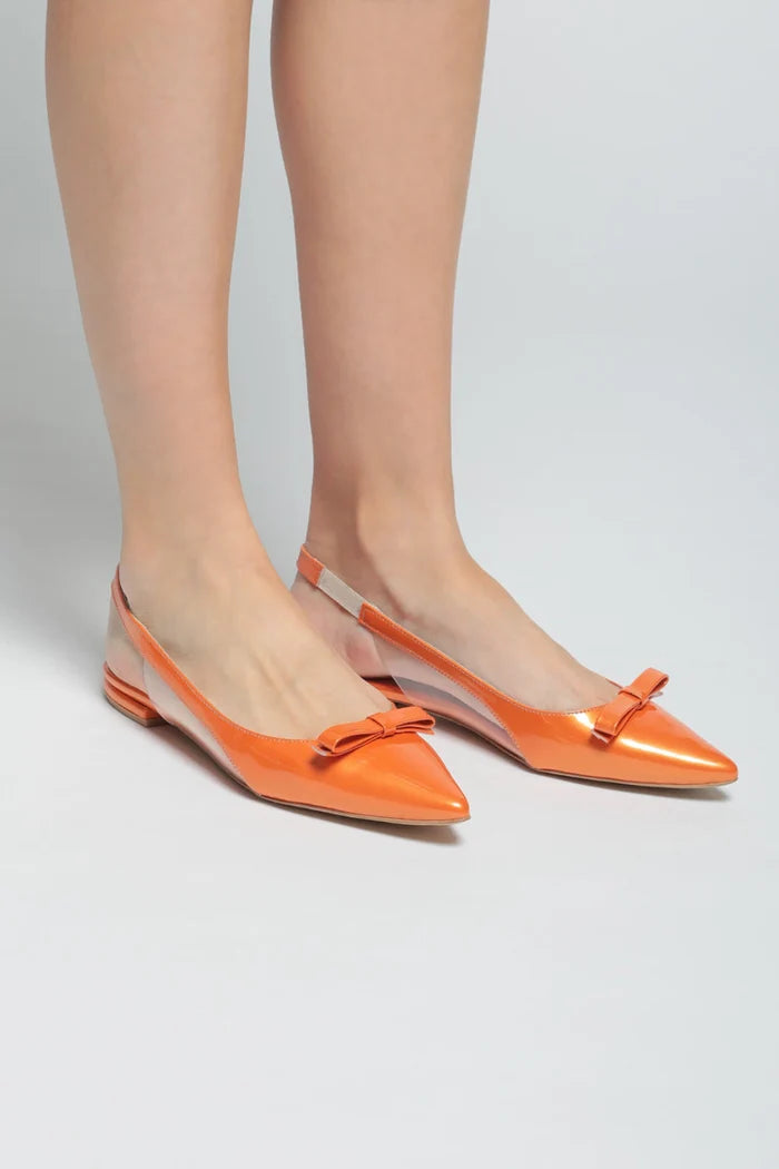 A pair of elegant orange slingbacks with a cute bow glint design, perfect for women's sandals fashion footwear.