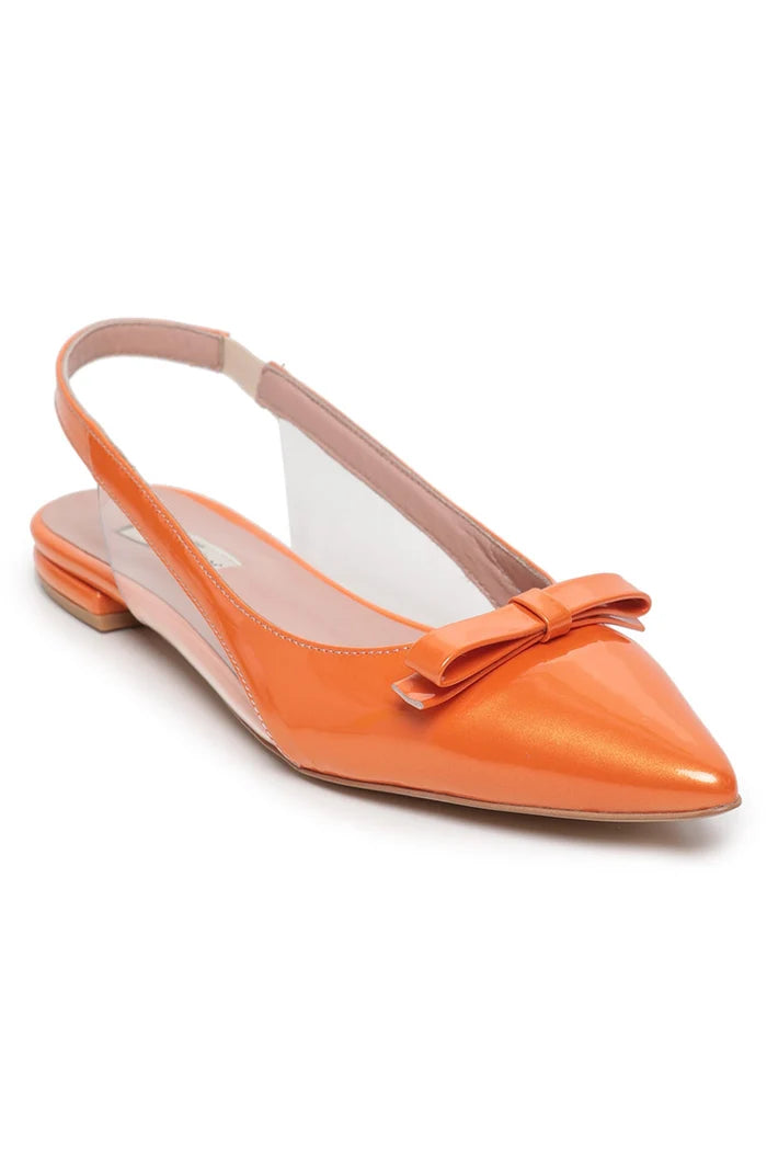 A pair of elegant women's orange slingback sandals with a delicate bow glint, ideal for fashion-forward footwear lovers.
