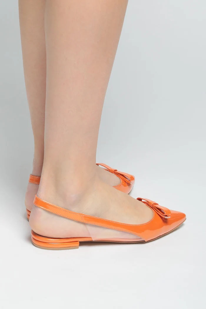 A pair of elegant orange slingbacks with a bow detail, perfect for women's sandals fashion footwear.