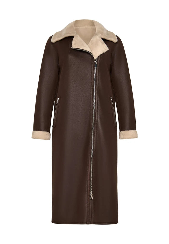 A stylish and cozy reversible shearling coat for women, featuring a brown faux fur exterior and a long design for ultimate warmth and style.