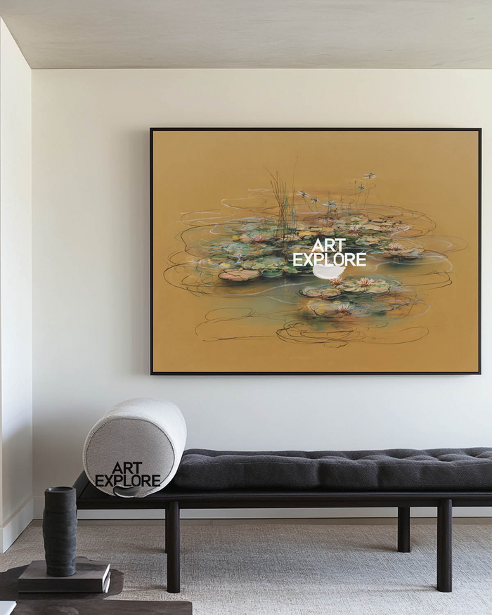 Hand-Painted Lotus Art – Tranquil Brown Landscape by ArtExplore