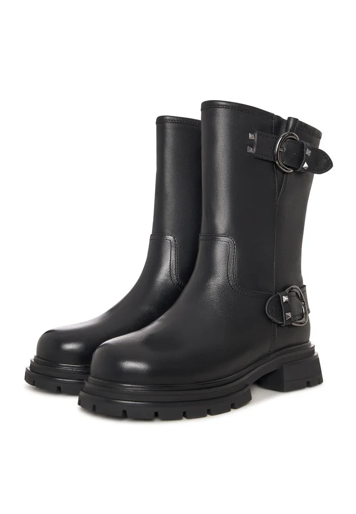 Buckled Edge Mid-Calf Leather Boots