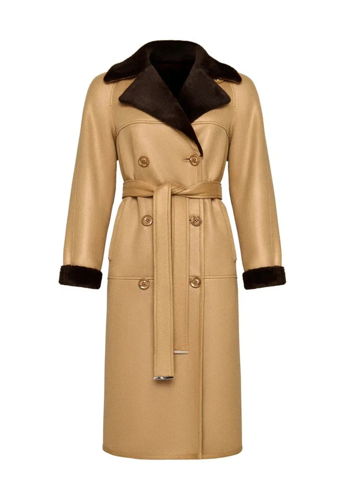 A stylish women's reversible long coat in light brown with faux fur lining, featuring a button-up design, perfect for adding a trendy touch to your winter wardrobe.