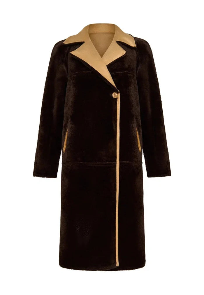 A stylish reversible long coat in faux fur, light brown, button-up outerwear for women's fashion.