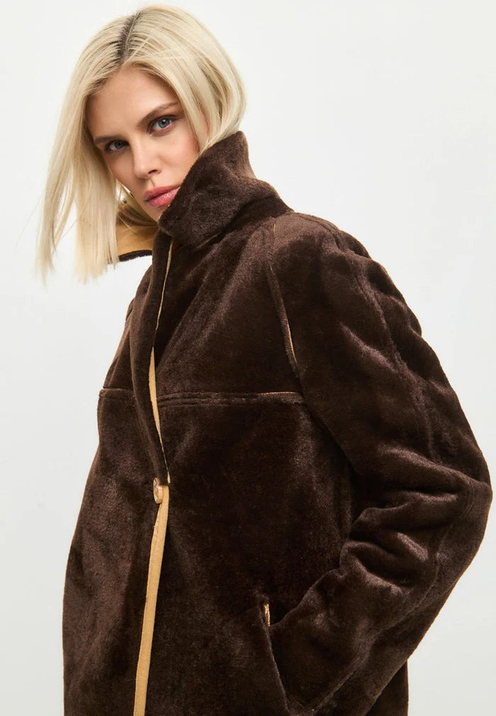 A stylish reversible faux fur long coat in light brown, button-up outerwear for women's fashion.