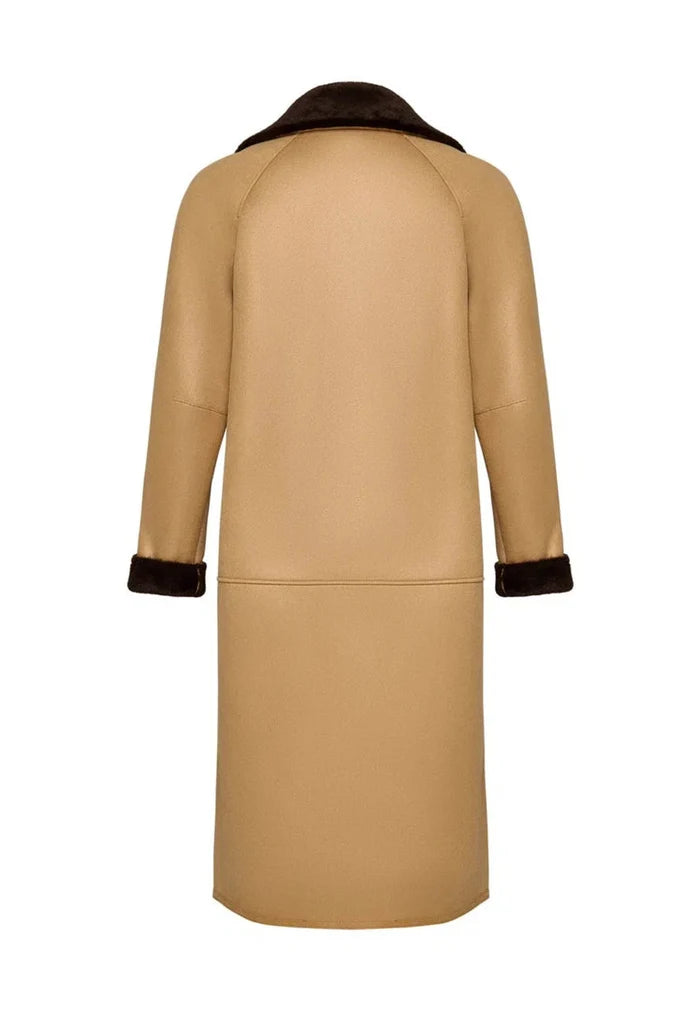 A stylish reversible faux fur coat in light brown, perfect button-up outerwear for women's fashion.