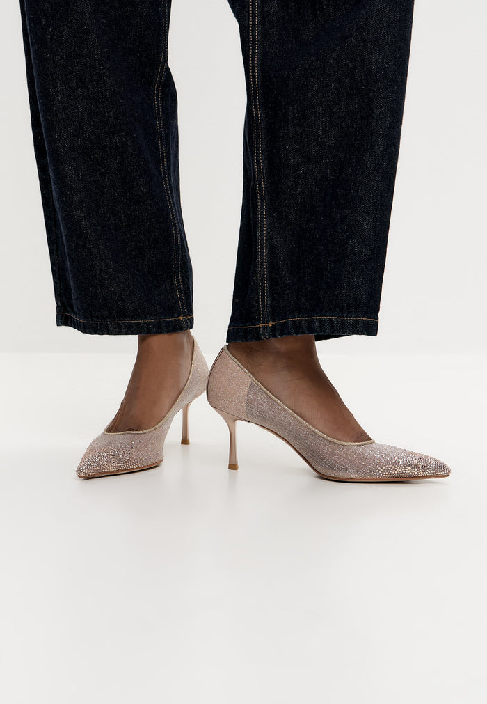 Camille Embellished Satin Pumps - Champagne