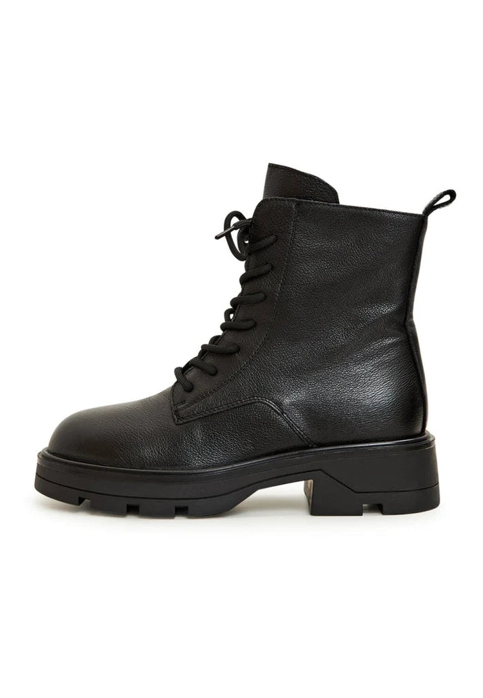 A stylish pair of black lace-up booties, perfect for women looking for casual yet chic ankle boots.