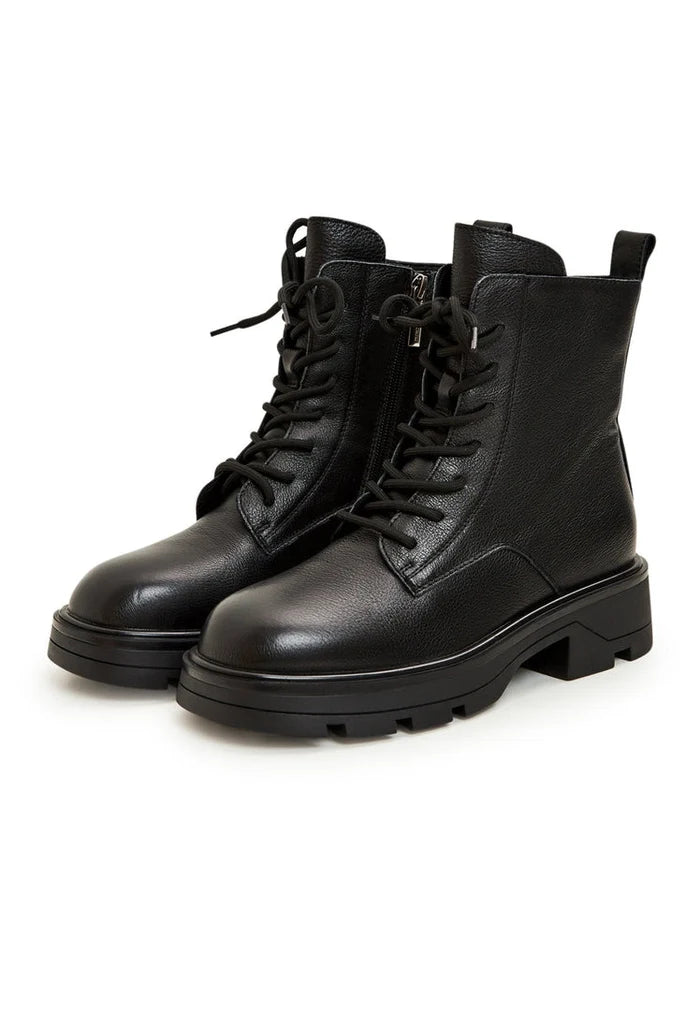 A stylish pair of black lace-up booties, perfect for women who love casual yet stylish ankle boots.