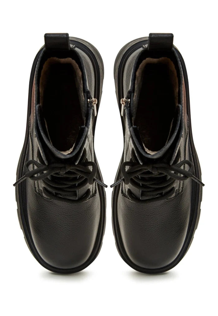A stylish pair of black lace-up booties for women, perfect for casual wear.