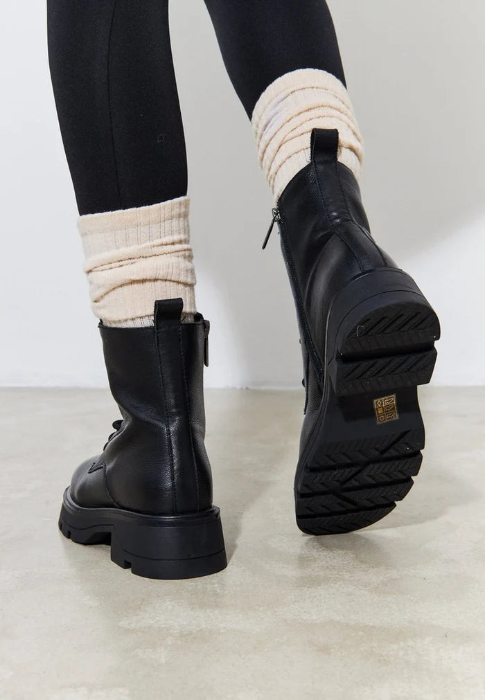A stylish pair of black lace-up ankle boots for women, perfect as casual lace-up booties.
