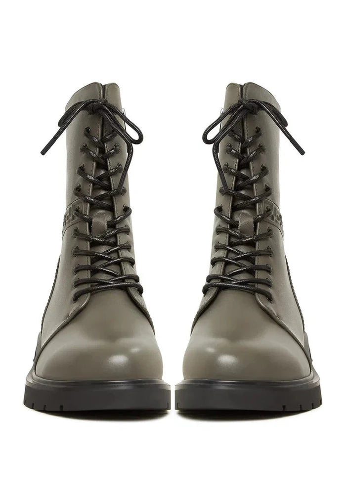 Casual Leather Block Heel Ankle Boots - Grey