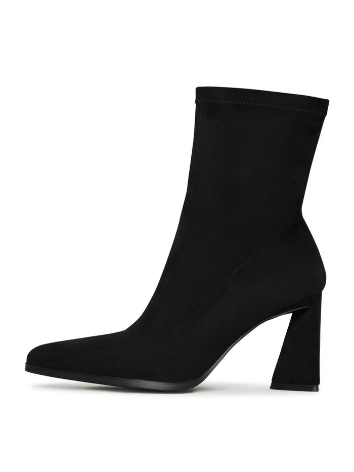 A pair of stylish black suede ankle boots with a comfortable block heel, perfect for casual wear.