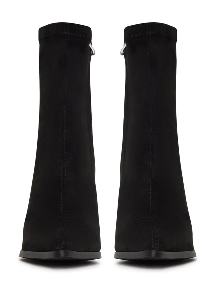 A stylish pair of black suede ankle boots with a trendy block heel, perfect for casual wear.