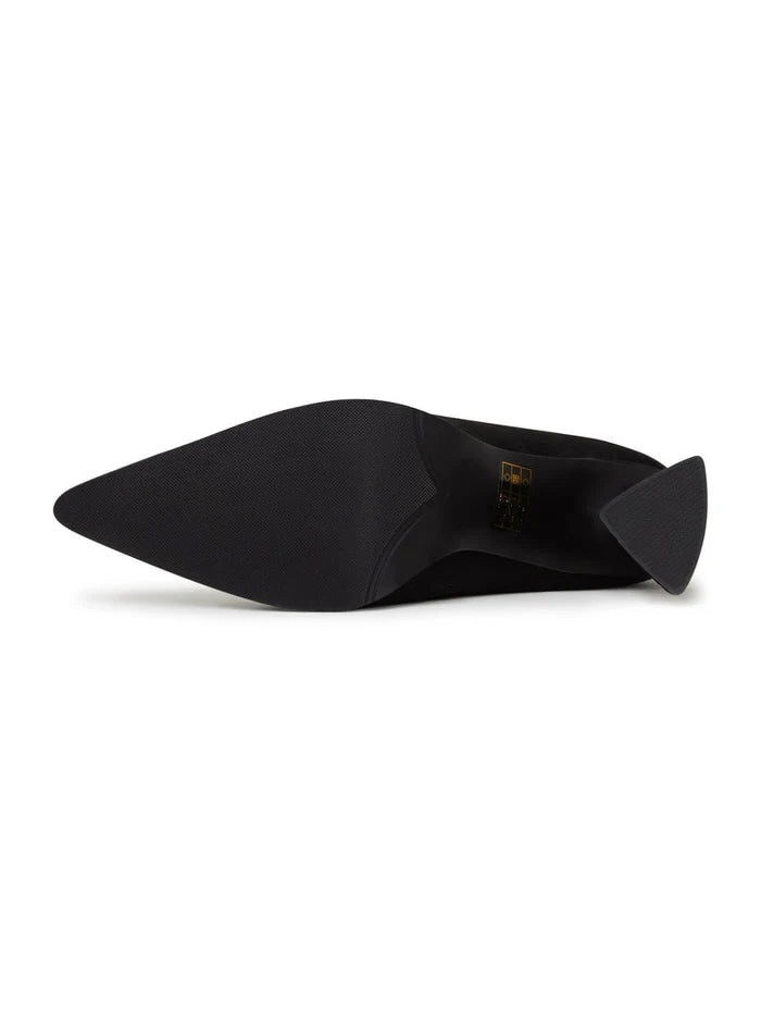 A stylish pair of black suede ankle boots with a block heel, perfect for casual wear.
