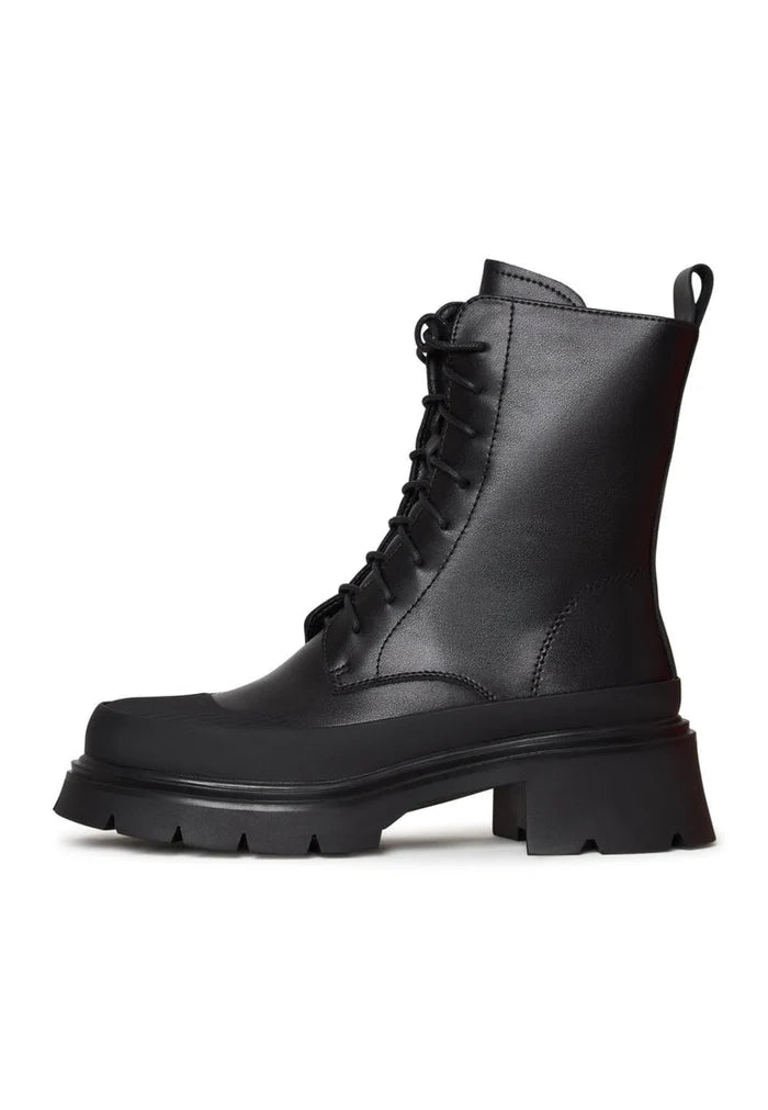 A stylish pair of black suede lace-up ankle boots, perfect for a casual yet fashionable look.