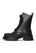 A stylish pair of black suede lace-up ankle boots, perfect for a casual yet fashionable look.