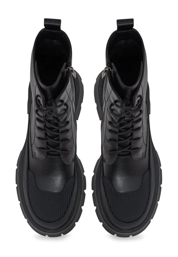 A stylish pair of black suede lace-up ankle boots, perfect for casual wear.