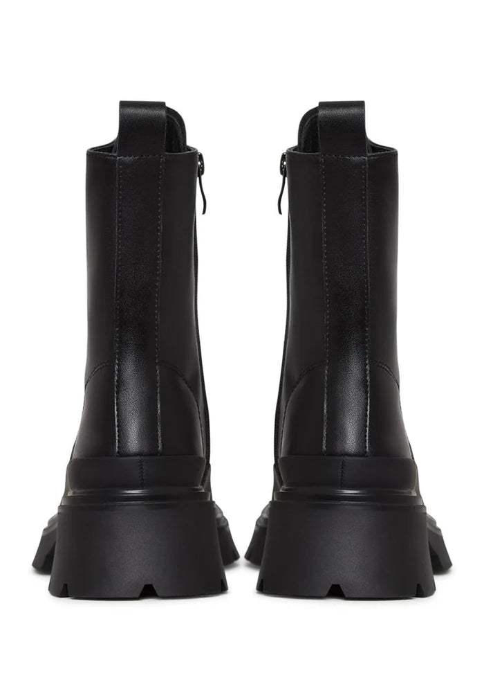 A pair of stylish black suede lace-up ankle boots, perfect for a casual yet trendy look.