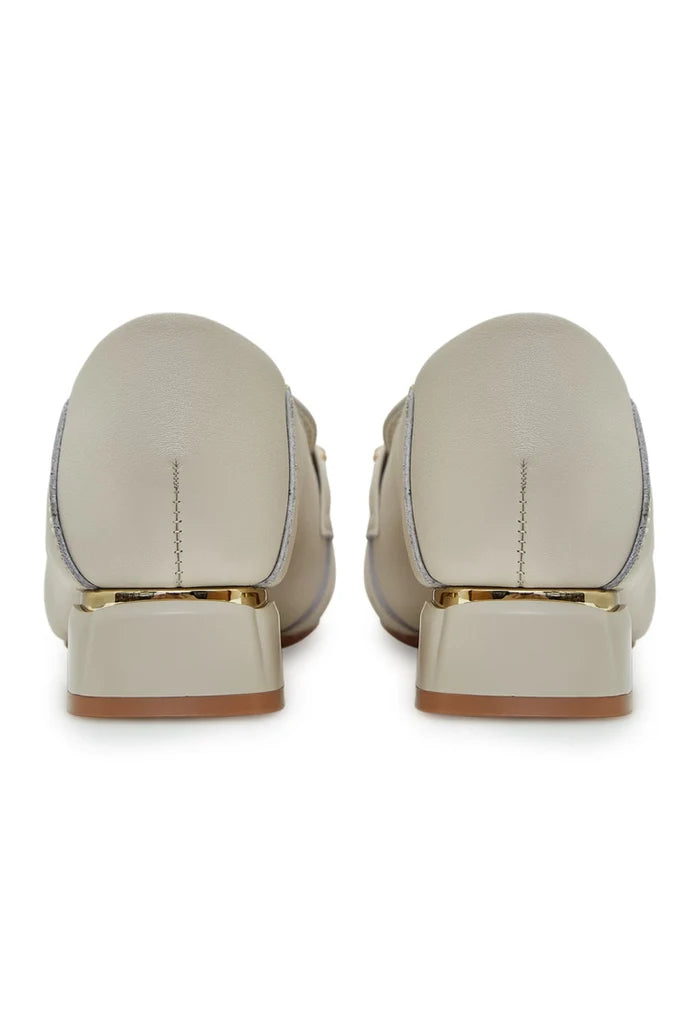 Chain Embellished Leather Loafers - Beige