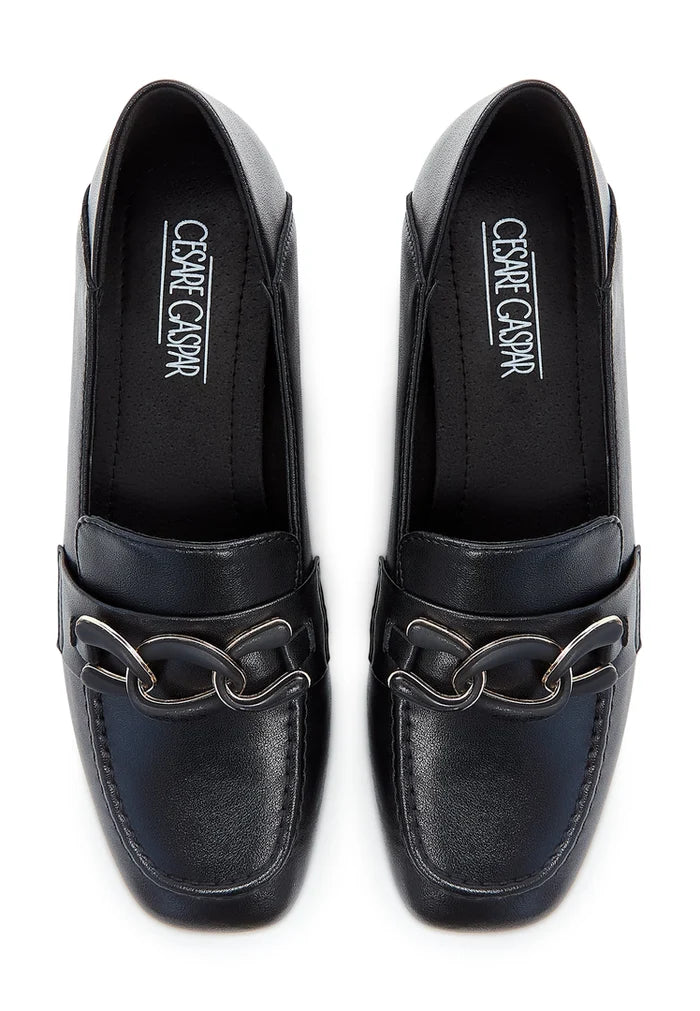 Chain Embellished Leather Loafers - Black