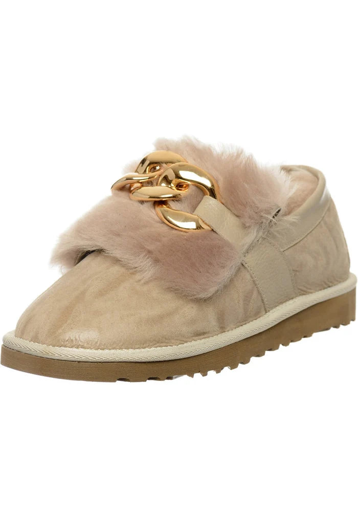 A stylish and cozy pair of beige designer chain fur lined women's loafers.