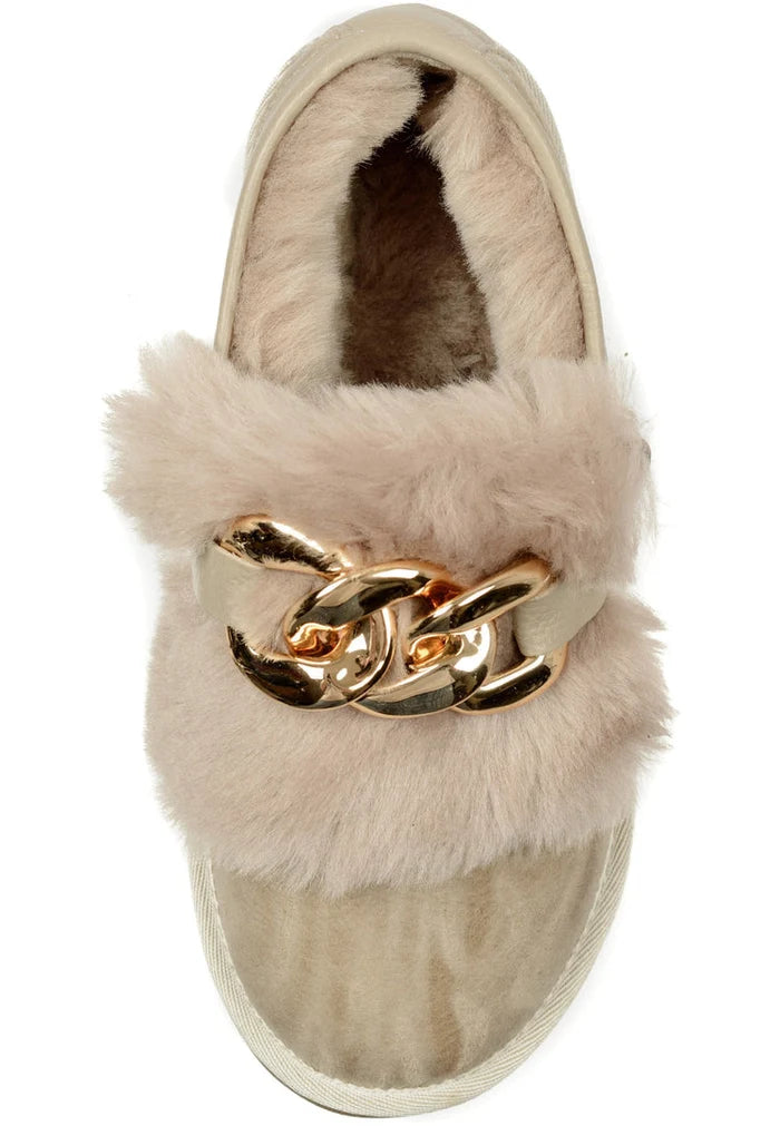 A pair of stylish designer women's beige loafers with a chain detail and cozy fur lining.