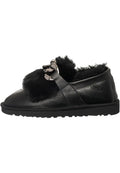 A pair of stylish black fur-lined loafers with chain detail, perfect for women's winter footwear.