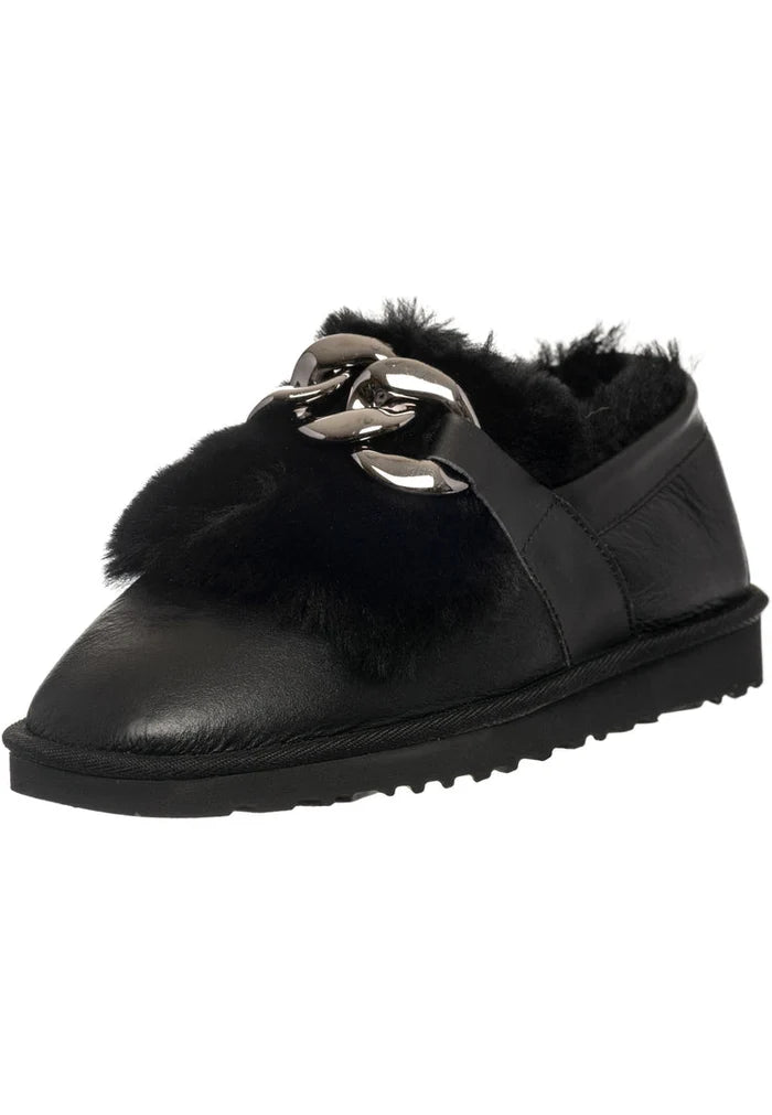 A pair of stylish black fur-lined loafers with chain detail, perfect for women's winter shoes and casual footwear.