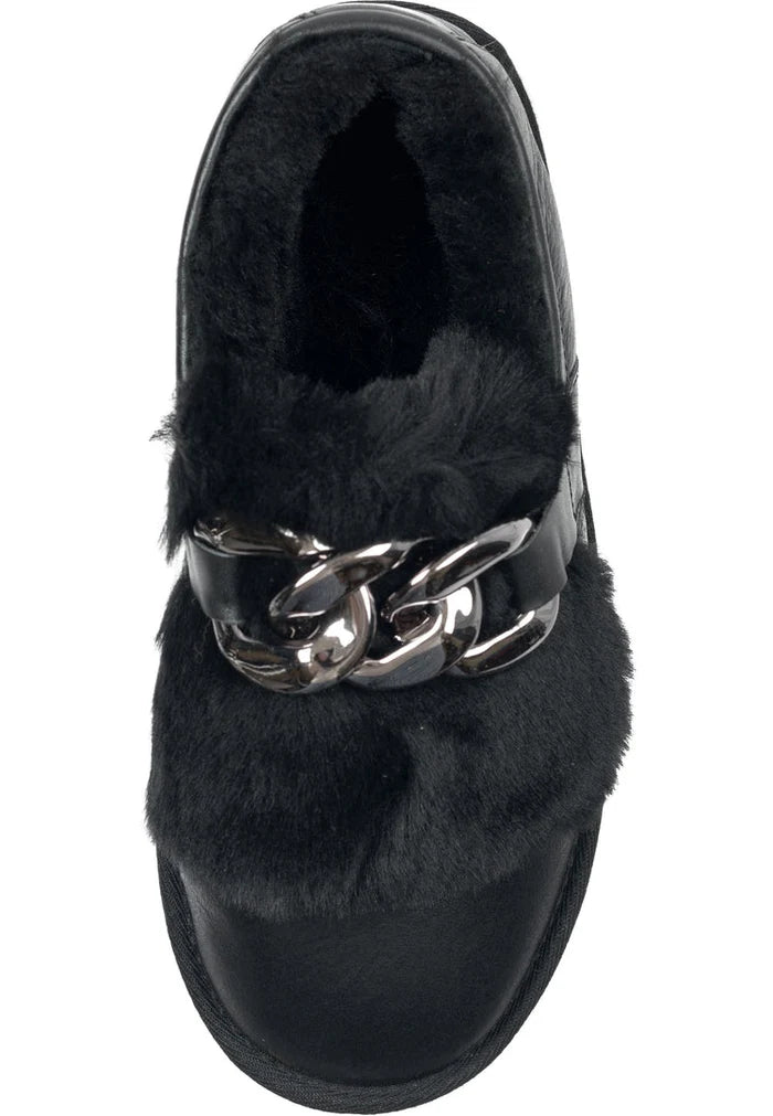 A close-up image of black fur-lined loafers with chain detail, perfect for women's winter style - a chic and stylish choice for casual footwear.