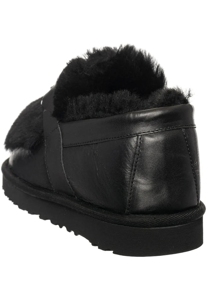 A pair of stylish black fur lined loafers with chain detail, perfect for women's winter fashion as stylish casual footwear.